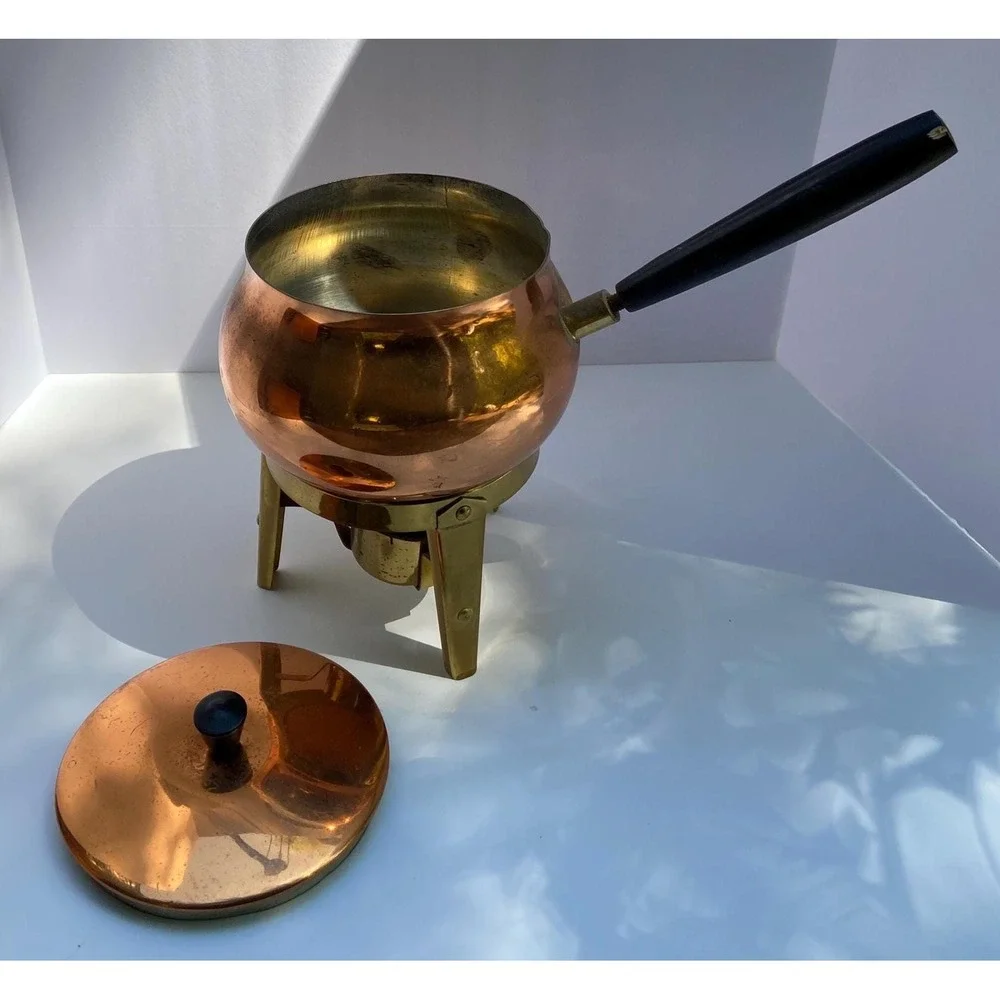 Copper & Brass Vintage Fondue Boiler Pot With Stand & Candle Holder
